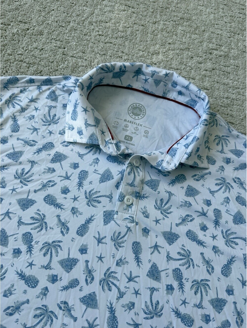 Flag & Anthem Men’s XL MadeFlex Polo Shirt Blue Tropical Print Stretch Golf